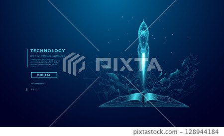 Abstract Futuristic AI Space Ship Launch Over Opened Digital Book 128944184