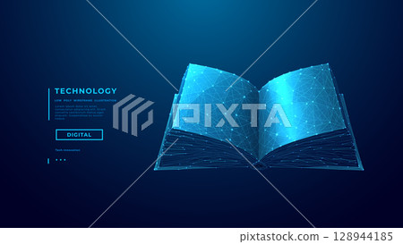 Abstract Digital Polygonal Opened Book on Technology Blue Background 128944185