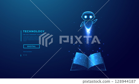 Abstract AI Robot or Education Agent Flies Over Opened Digital Book Abstract AI Robot or Education Agent Flies Over Opened Digital Book 128944187