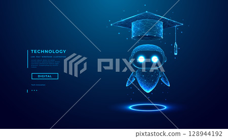 Abstract Hologram of AI Robot in Graduation Cap. AI Agent Abstract Hologram of AI Robot in Graduation Cap. AI Agent 128944192