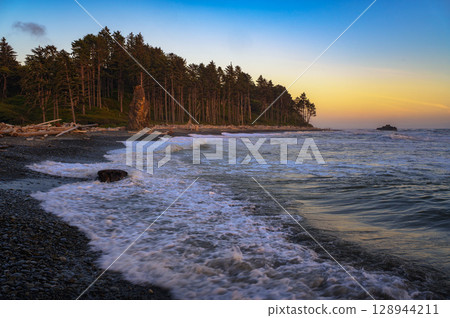 Sunset Waves and Sea Stack at Ruby Beach, Washington State Sunset Waves and Sea Stack at Ruby Beach, Washington State 128944211
