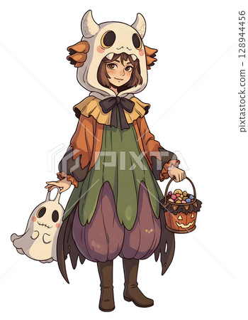 A cute child in a anime-style cartoon Halloween costume, happy for Halloween. White background. 128944456