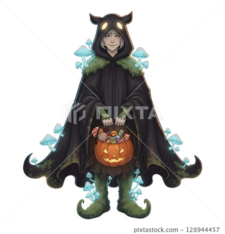 A cute child in a anime-style cartoon Halloween costume, happy for Halloween. White background. 128944457