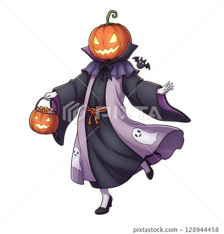 A cute child in a anime-style cartoon Halloween costume, happy for Halloween. White background. 128944458