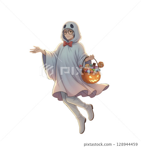 A cute child in a anime-style cartoon Halloween costume, happy for Halloween. White background. 128944459