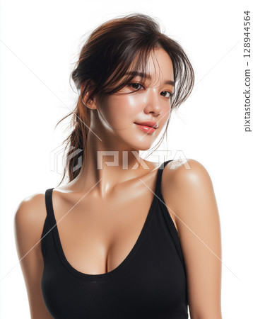 皮膚光亮、面部表情美麗的女人的美麗肖像 皮膚光亮、面部表情美麗的女人的美麗肖像 128944564