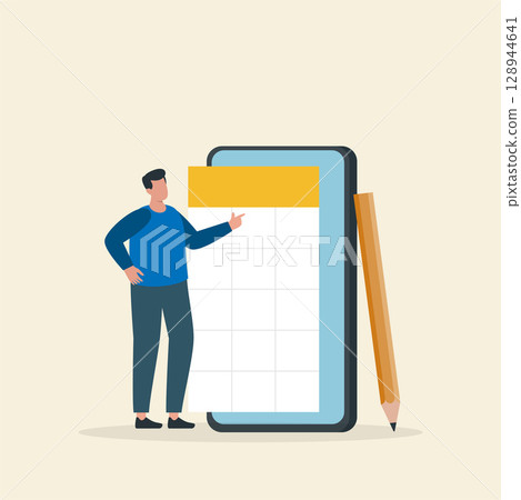 Man Planning on Digital Calendar with Pencil 128944641
