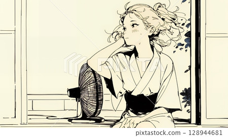 在炎熱的夏日午後，一位年輕女子用風扇納涼（簡單的顏色） 128944681