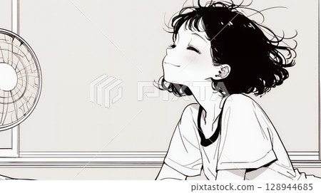 A young woman cooling off with a fan on a hot summer afternoon (simple colors) 128944685