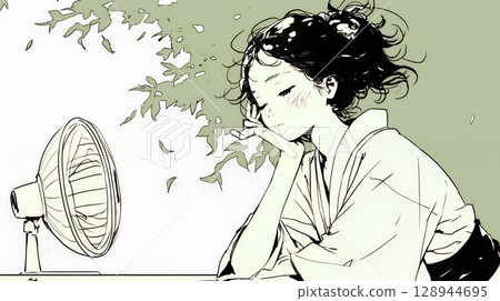 在炎熱的夏日午後，一位年輕女子用風扇納涼（簡單的顏色） 128944695