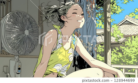 A young woman cooling off with a fan on a hot summer afternoon 128944699