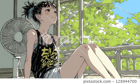 A young woman cooling off with a fan on a hot summer afternoon 128944700