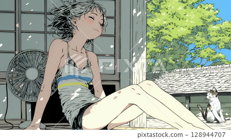 炎熱的夏日午後,一位年輕女子用風扇消暑 炎熱的夏日午後,一位年輕女子用風扇消暑 128944707