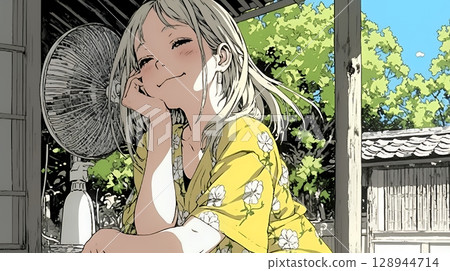 A young woman cooling off with a fan on a hot summer afternoon 128944714