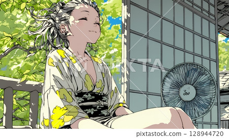 A young woman cooling off with a fan on a hot summer afternoon 128944720