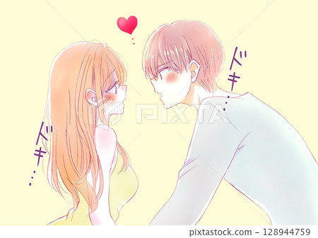 A man and a woman staring at each other passionately, heart pounding 128944759