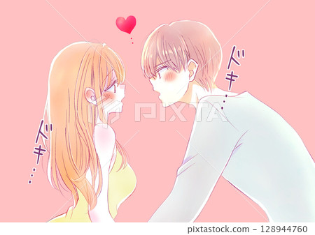 A man and a woman staring at each other passionately, heart pounding 128944760