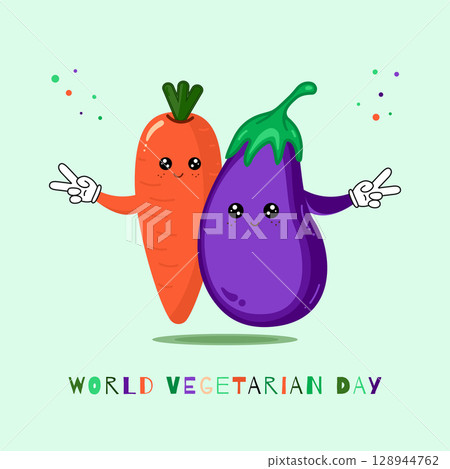 World Vegetarian Day. Carrot and eggplant having fun. Cartoon characters. For cards, flyers, banners and posters 128944762