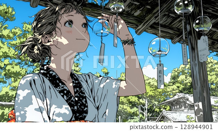 Young woman listening to the sound of wind chimes 128944901