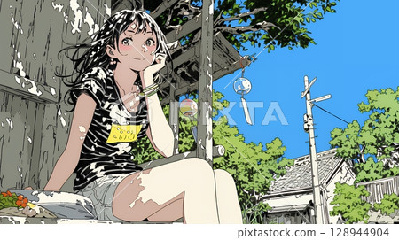 Young woman listening to the sound of wind chimes Young woman listening to the sound of wind chimes 128944904