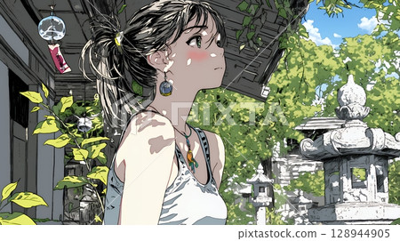 年輕女子聆聽風鈴的聲音 128944905