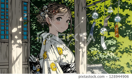 年輕女子聆聽風鈴的聲音 年輕女子聆聽風鈴的聲音 128944906