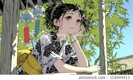 年輕女子聆聽風鈴的聲音 128944913