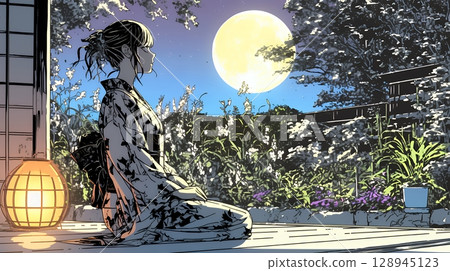 A young woman in a kimono watching the moon 128945123