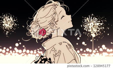 A young woman wearing a yukata watching fireworks (simple colors) 128945177