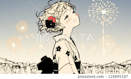 A young woman wearing a yukata watching fireworks (simple colors) 128945187