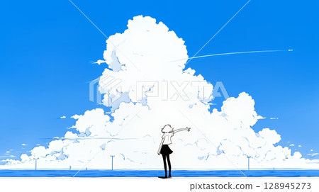 夏日大海、積雨雲和年輕女子（簡單的顏色） 128945273