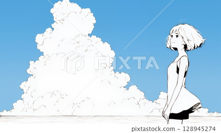 夏日大海、積雨雲和年輕女子（簡單的顏色） 128945274