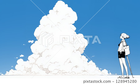 Summer sea, cumulonimbus clouds and a young woman (simple colors) 128945280