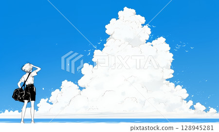夏日大海、積雨雲和年輕女子（簡單的顏色） 128945281