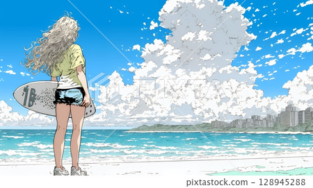 夏日大海、積雨雲和年輕女子 夏日大海、積雨雲和年輕女子 128945288