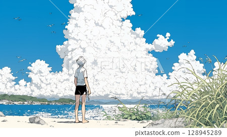 夏日大海、積雨雲和年輕女子 夏日大海、積雨雲和年輕女子 128945289
