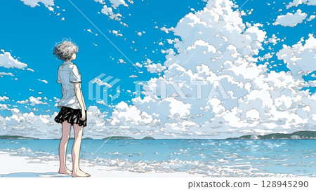 夏日大海、積雨雲和年輕女子 夏日大海、積雨雲和年輕女子 128945290