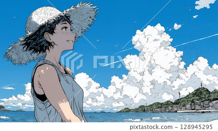 夏日大海、積雨雲和年輕女子 128945295