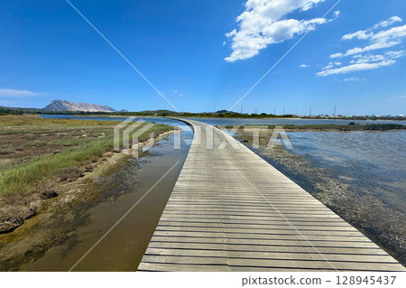 Wooden boardwalk through a lake in San Teodoro, Sardinia, Italy Wooden boardwalk through a lake in San Teodoro, Sardinia, Italy 128945437