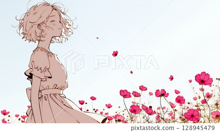 波斯菊田野中的年輕女子（純色） 128945479