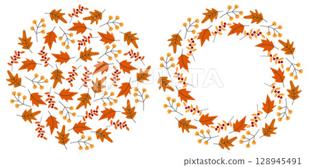 Colorful Autumn leaves and Berry Twigs Circular Backdrop Texture and Frame Border Copyspace Template 128945491