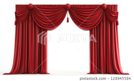 Elegant red velvet theater curtains parted and tied with ornate tassels, creating a dramatic stage entrance Elegant red velvet theater curtains parted and tied with ornate tassels, creating a dramatic stage entrance 128945584