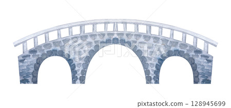 Classic stone bridge with three arches, simple railing. Hand-painted watercolor illustration isolated on white. Ideal for fairytale scenes, fantasy landscapes, rural settings, architectural design 128945699