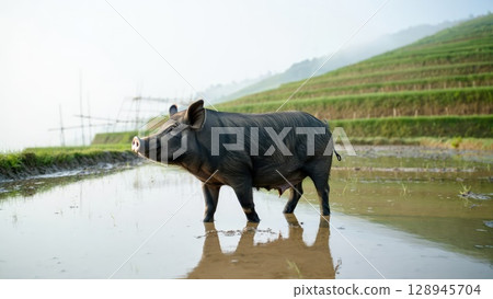 Wild black boar standing still in a flooded rice field surrounded by green terraces. Natural stillness. Generative AI. 128945704