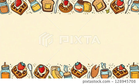Cute breakfast-themed frame with hand-drawn food like waffles, eggs, coffee, and toast around a light beige center. Ideal for menus or blogs. Generative AI. 128945708
