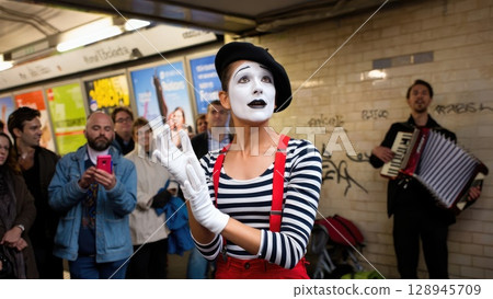 Street performer dressed as a mime entertains a crowd in a subway station. Urban cultural moment. Generative AI. 128945709