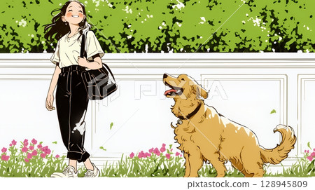 A young woman walking her dog (simple colors) 128945809