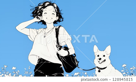 A young woman walking her dog (simple colors) 128945815
