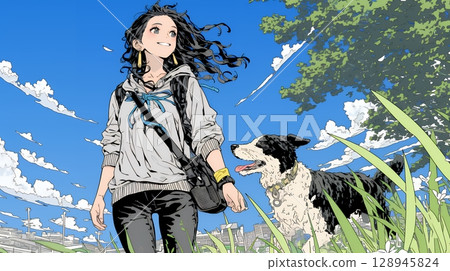 年輕女子帶著她的狗散步 年輕女子帶著她的狗散步 128945824