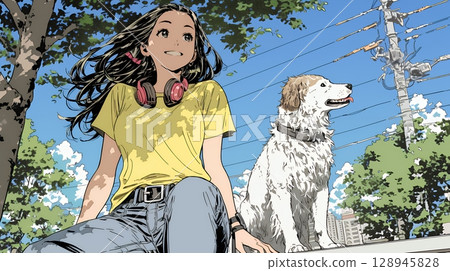 Young woman walking with her dog 128945828
